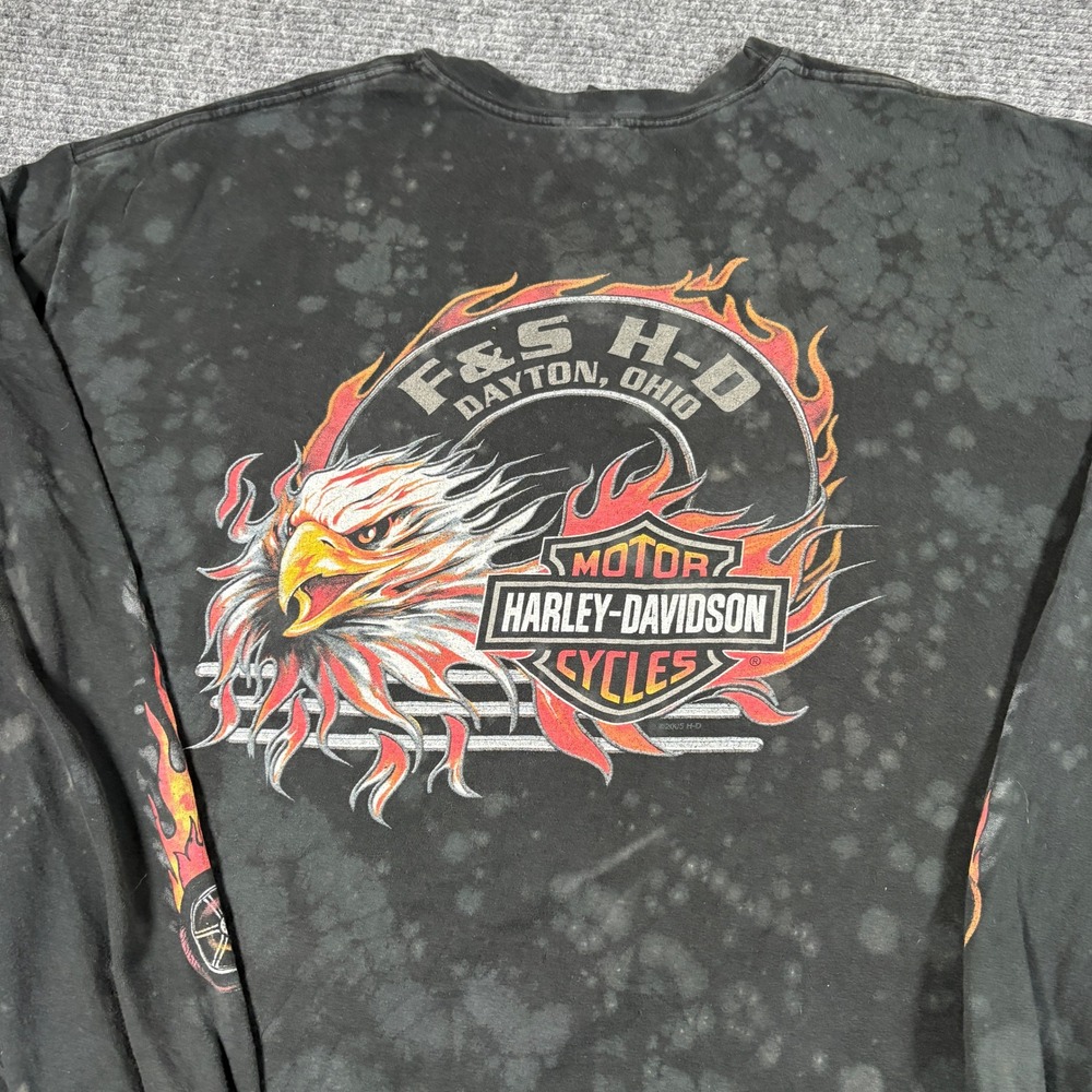 Harley-Davidson Mens 2XL Long Sleeve Pocket Tee Black Acid Wash Eagle Flames USA